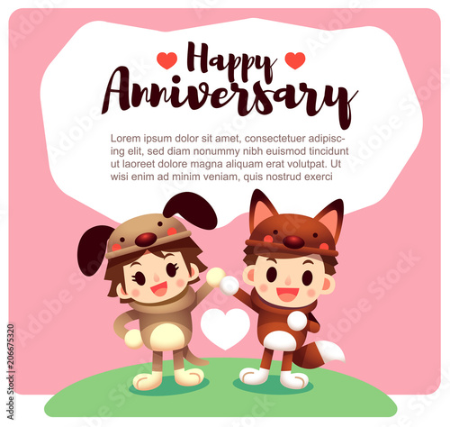 Vector illustration of cute man and women character in dog costume for anniversary card © GuGGGar