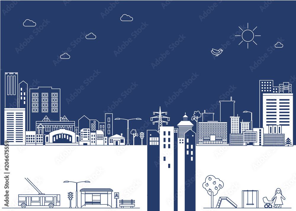 Obraz premium Cartoon illustration. Vector city in line style on blue background. Urban landscape. Abstract vector template.