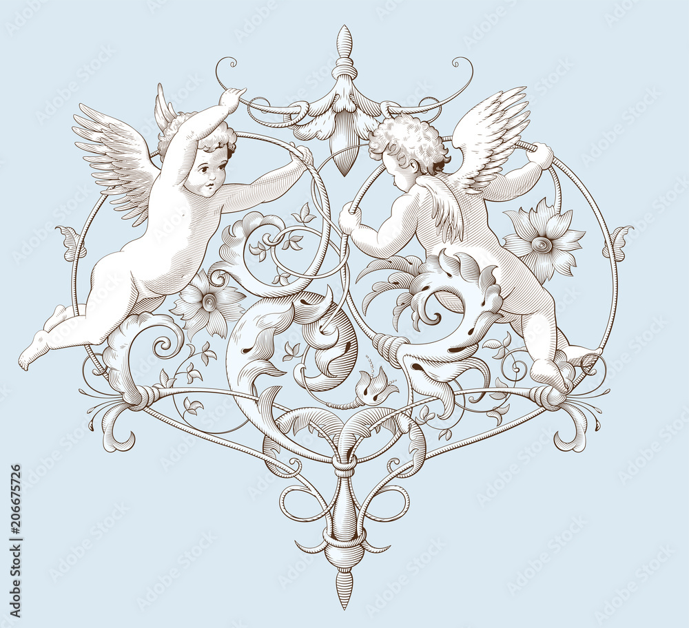Vintage decorative element engraving with Baroque ornament pattern and cupids. Hand drawn vector illustration