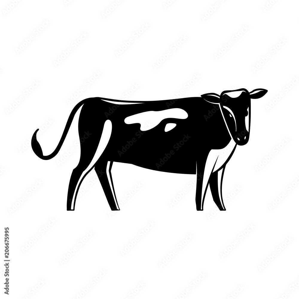 Monochrome spotted cow silhouette isolated on white background - cute standing farm cattle domestic animal, side view. Dairy livestock in colorful vector illustration. Monochrome spotted cow silhouette isolated on white background - cute standing farm cattle domestic animal, side view. Dairy livestock in colorful vector illustration.