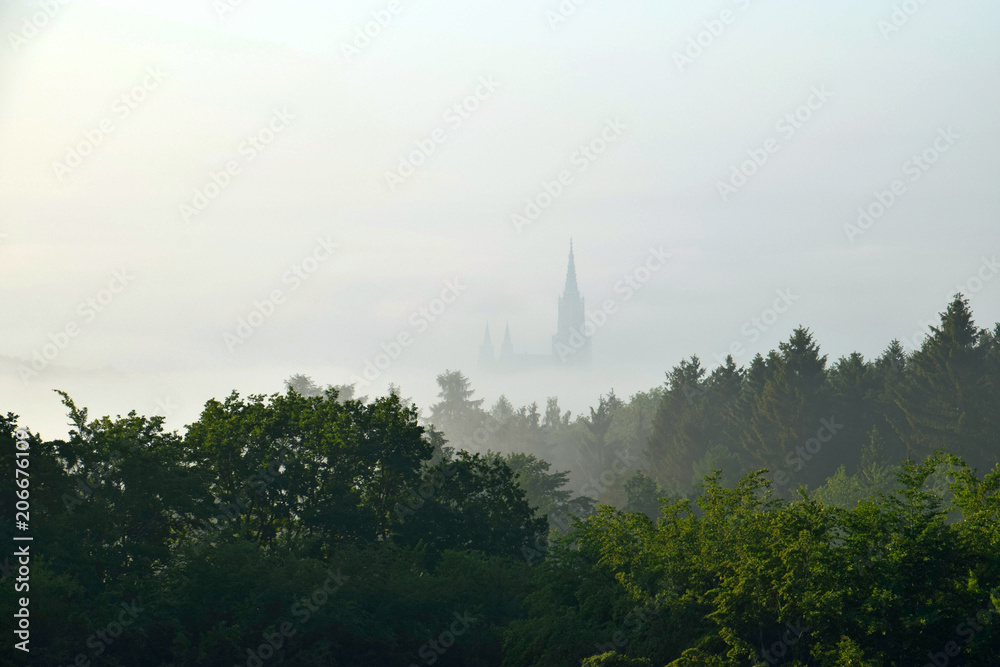 church  in the mist, cathedral of Ulm in the morning fog