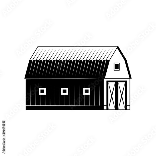 Farm barn black and white silhouette isolated on white background - wooden agricultural building for livestock or equipment. Vector illustration of ranch house exterior.