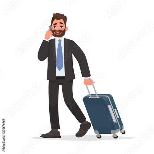 Business man at the airport with luggage is talking on the phone. Vector illustration
