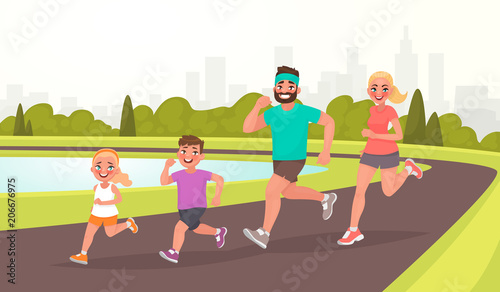 Happy family on a jogging. Father, mother, daughter and son are running around in the park. Healthy lifestyle