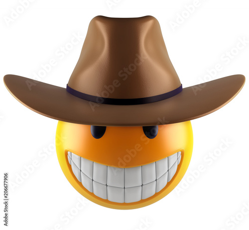 3d render of a cute smile emoji sphere with cowboy hat.