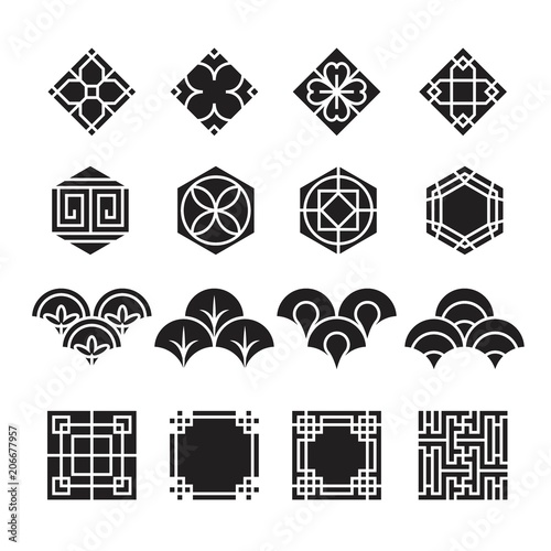 Asian ornament icon, korean, chinese, japanese vector set