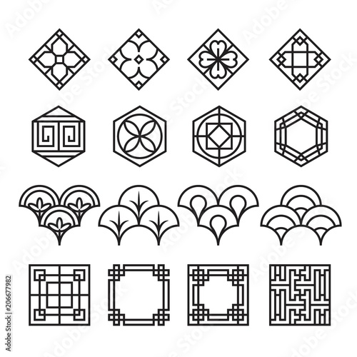 Asian ornament icon, korean, chinese, japanese vector set