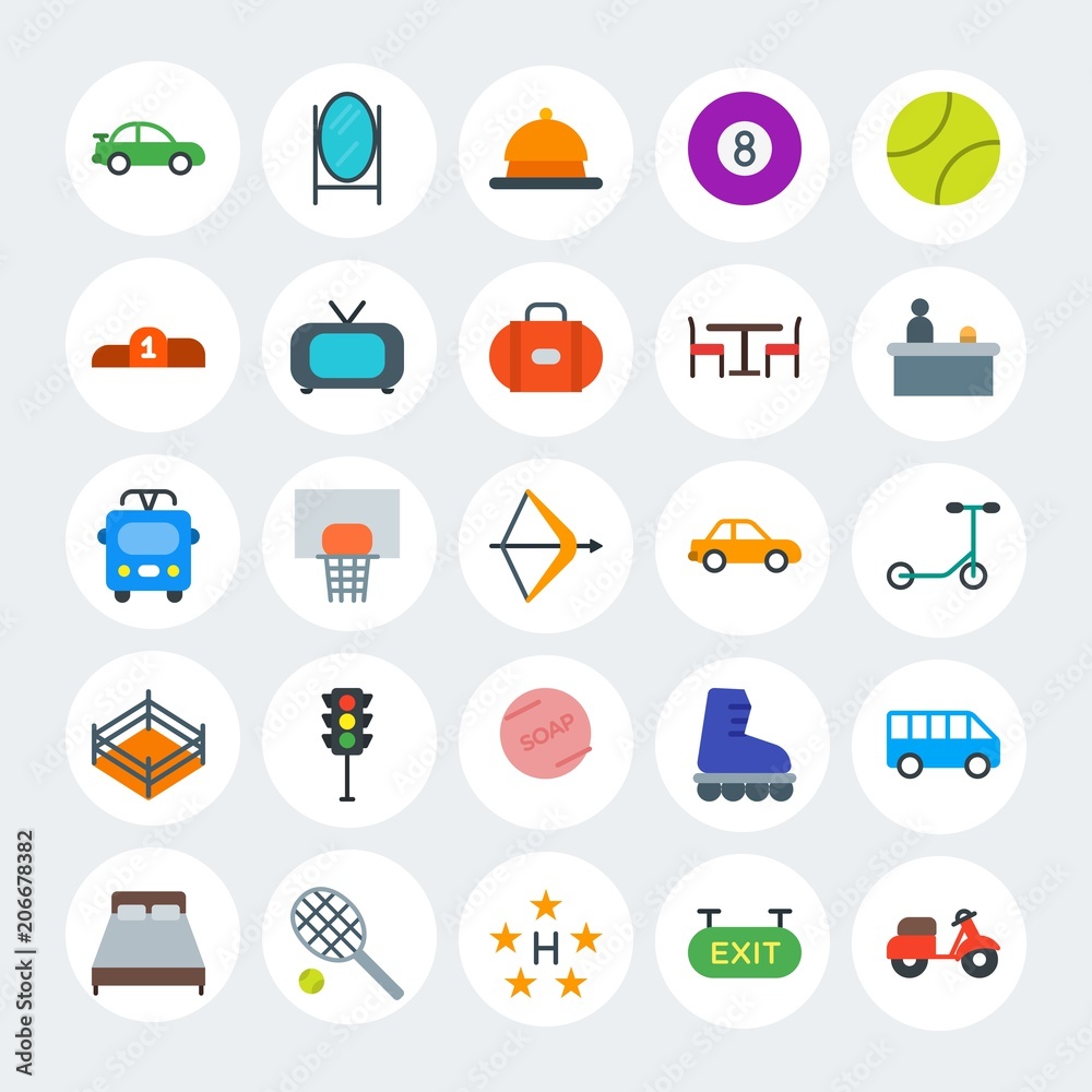 Modern Simple Set of transports, hotel, sports Vector flat Icons. Contains such Icons as food,  cuisine,  gourmet,  exit, bedroom and more on white cricle background. Fully Editable. Pixel Perfect.
