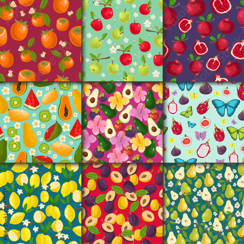 Fruit pattern seamless vector fruity background and fruitful exotic wallpaper...