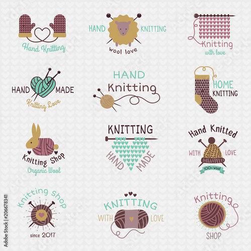 Knitting needles logo vector wool knitwear or knitted woolen socks logotype crocheting woolly materials and handknitting illustration isolated on white background