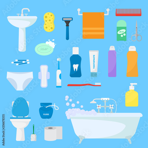 Hygiene personal care vector toiletries set of hygienic bath products and bathroom accessories soap shampoo or shower gel for bodycare icons illustration isolated on background