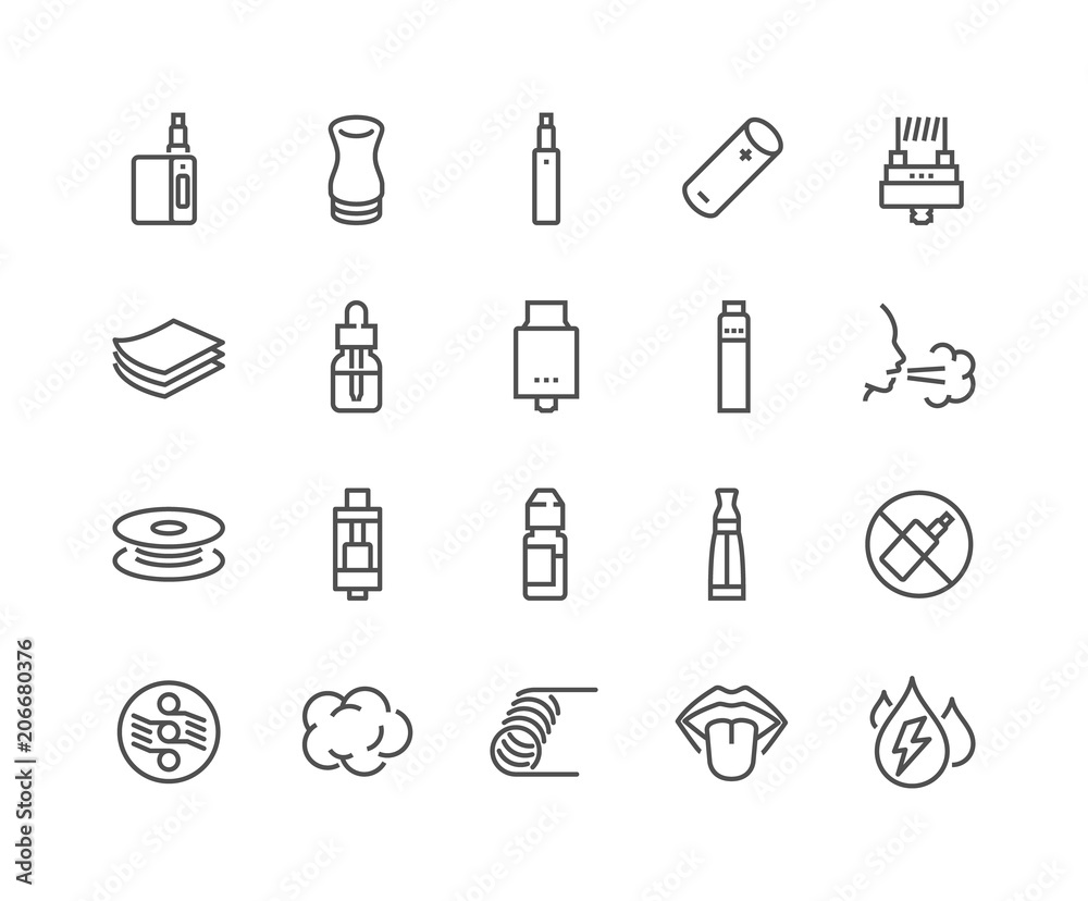 Simple Set of Vape Related Vector Line Icons. Contains such Icons as RDA, Atomizer, Drip Tip and more. Editable Stroke. 48x48 Pixel Perfect. Simple Set of Vape Related Vector Line Icons. Contains such Icons as RDA, Atomizer, Drip Tip and more. Editable Stroke. 48x48 Pixel Perfect.