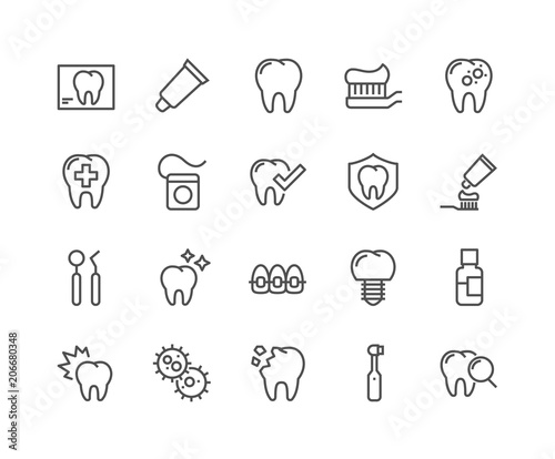 Fototapeta Naklejka Na Ścianę i Meble -  Simple Set of Dentist Related Vector Line Icons. Contains such Icons as Implant, Electric Toothbrush, Floss and more. Editable Stroke. 48x48 Pixel Perfect.