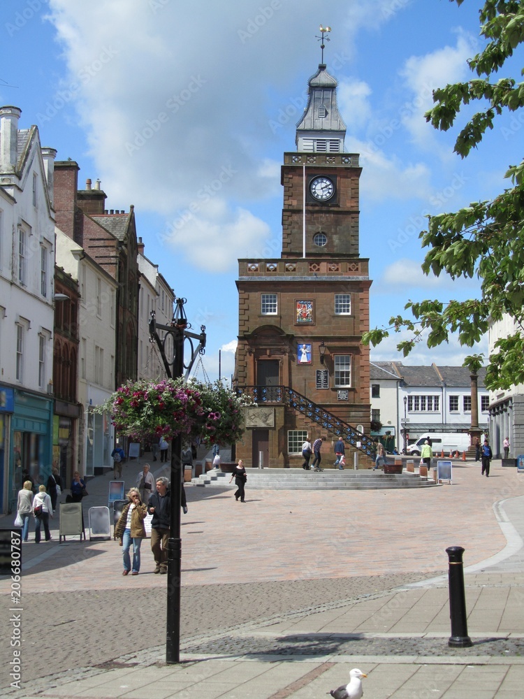 High Street Dumfries, with the Mid Steeple, Scotland.