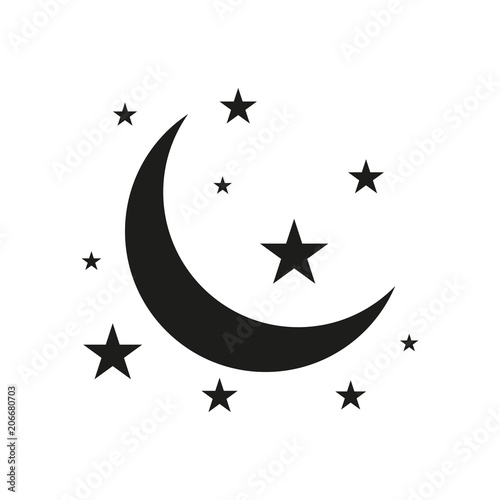 Moon and stars icon. Flat vector illustration in black on white background. EPS 10