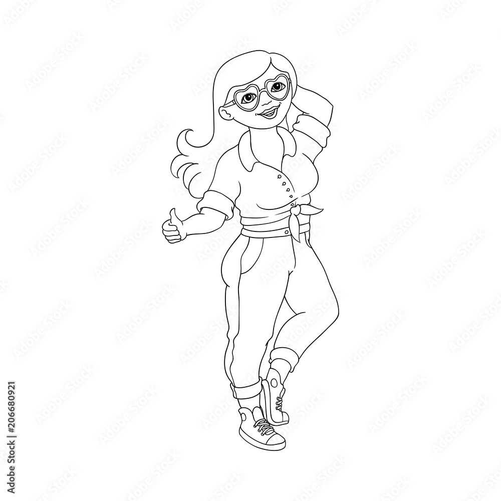 Fototapeta premium Hand drawn plump obese girl showing thumbs up gesture in fancy heart shape sunglasses. Sketch style monochrome cute female character in jeans, pink skirt. Vector adult blonde overweight woman have fun