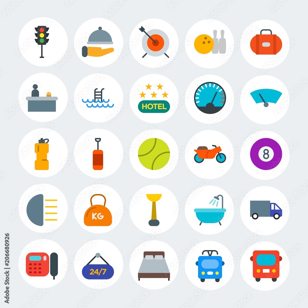 Modern Simple Set of transports, hotel, sports Vector flat Icons. Contains such Icons as  truck,  room,  car,  green,  cargo, bus and more on white cricle background. Fully Editable. Pixel Perfect.