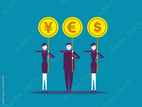 Yes. Business people holding coin placard. Vector illustration business mergers concept, Cartoon design.
