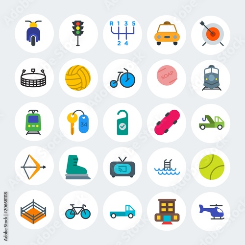 Modern Simple Set of transports, hotel, sports Vector flat Icons. Contains such Icons as travel, cycle, traffic, ride, vehicle and more on white cricle background. Fully Editable. Pixel Perfect.
