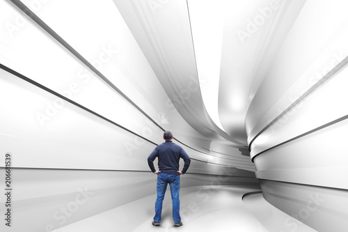 Man stands in a tunnel with a turn into the unknown