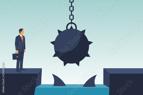 Businessman obstacle concept. Hurdle on way. Business risk. Overcoming obstacle on road with floating predatory sharks. Way to success. Vector illustration flat design. Barrier on way to success. 