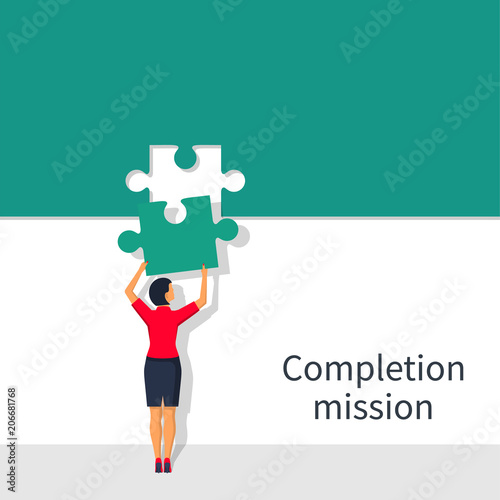 Completion mission concept. Businesswoman standing with back holding puzzle in hands putting in jigsaw. Business metaphor. Vector illustration flat design. Successful implementation plan. Execute plan