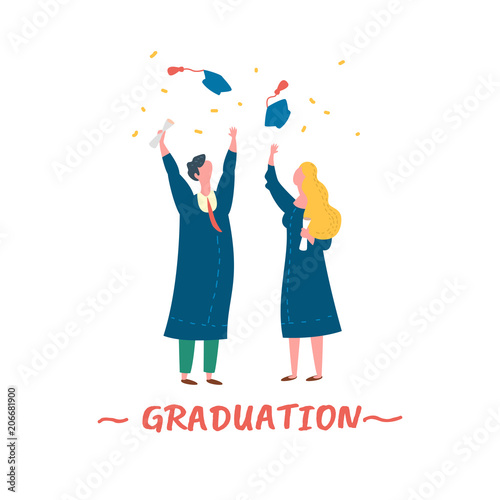 Couple happy graduates man and woman on graduation ceremony
