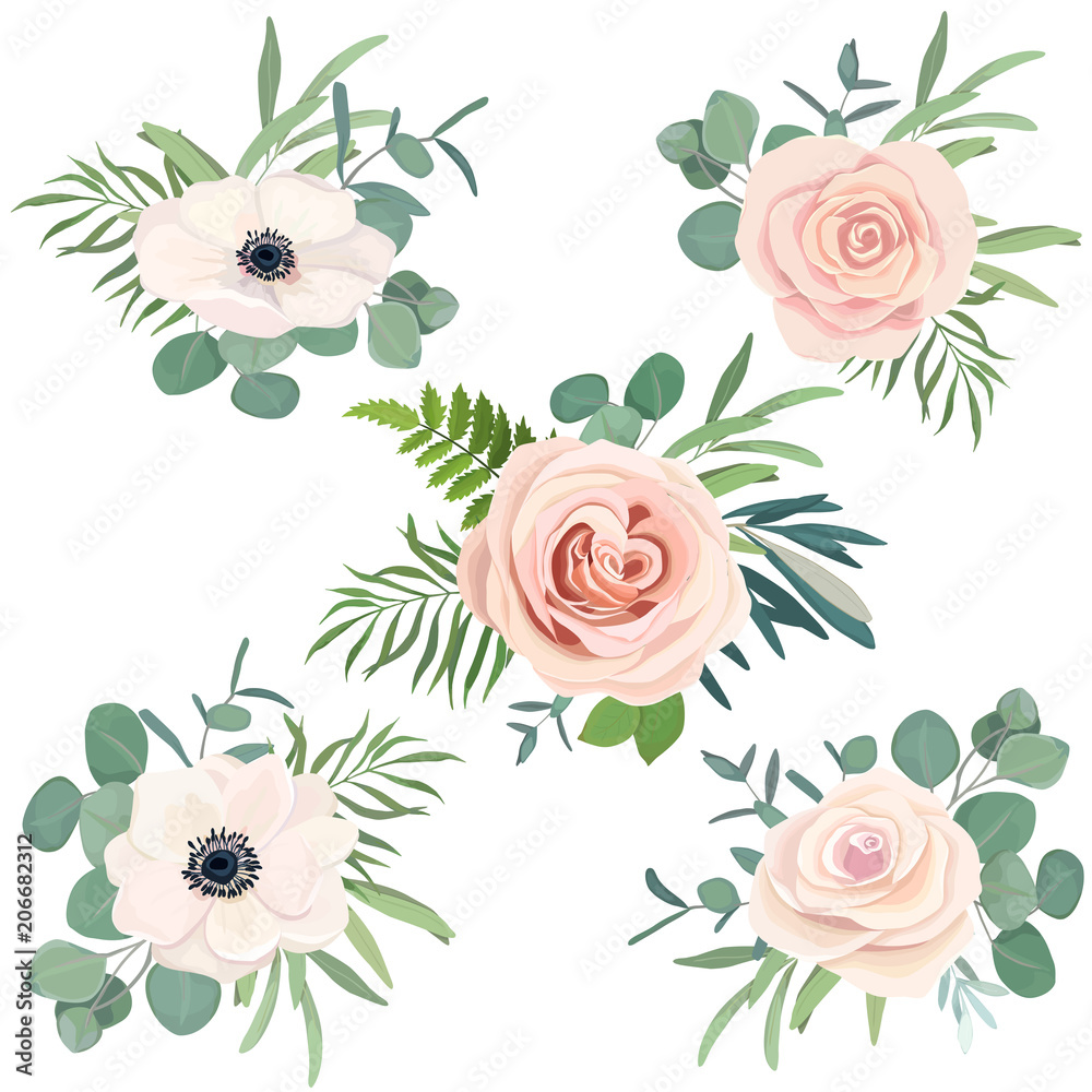 Floral bouquet set with rose, anemone and eucalyptus branch for wedding decoration, greeting card, birthday, Easter, invite. Vector hand drawn illustration. Watercolor style