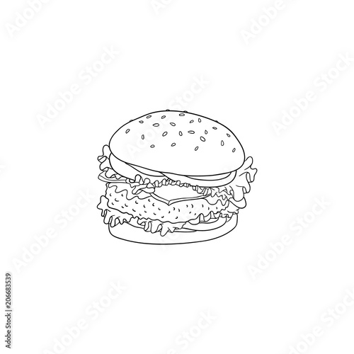 Big hamburger with beef, bun with sesame seeds and vegetables in sketch style isolated on white background - hand drawn black lines vector illustration of tasty lunch fastfood.