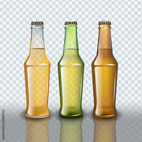 Set of full beer bottles on transparent background.