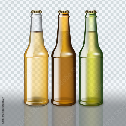 Set of full beer bottles on transparent background.