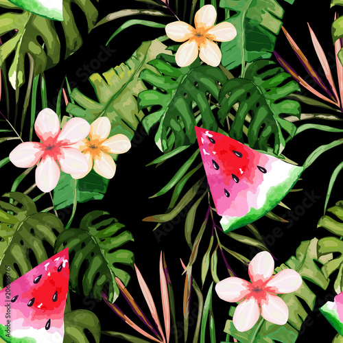 Tropical seamless pattern. Palm tree leaves and flower. Hand drawn vector ill...