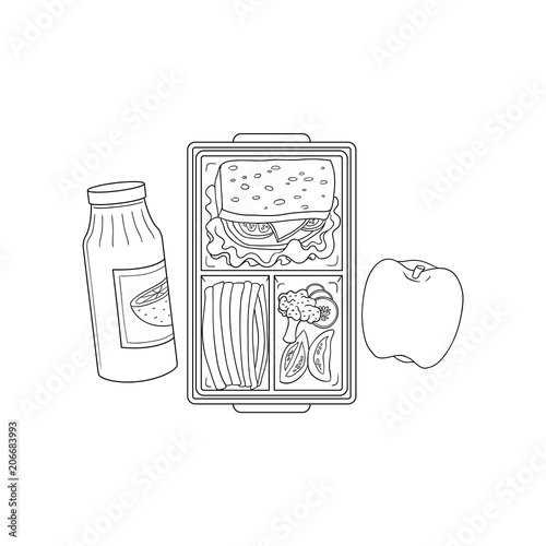 Lunchbox with school or work lunch. Sandwich with vegetables in plastic container and apple with orange juice in sketch style isolated on white background, hand drawn vector illustration.