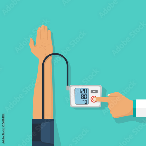 Doctor measuring patient blood pressure. Checking arterial blood pressure digital device tonometer. Healthcare concept.  Illustration flat design. Medical equipment. Monitoring health.