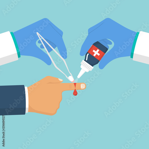 Wound treatment. A doctor with tool in hand treats patient with cut. Medical care, care for wounded. Illustration flat design. Isolated on background. Concept healthcare, provision first aid. 