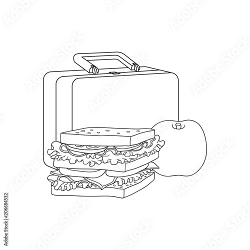 Plastic lunchbox with sandwich and apple for school or work break isolated on white background - black and white hand drawn vector illustration of lunch time food and package.