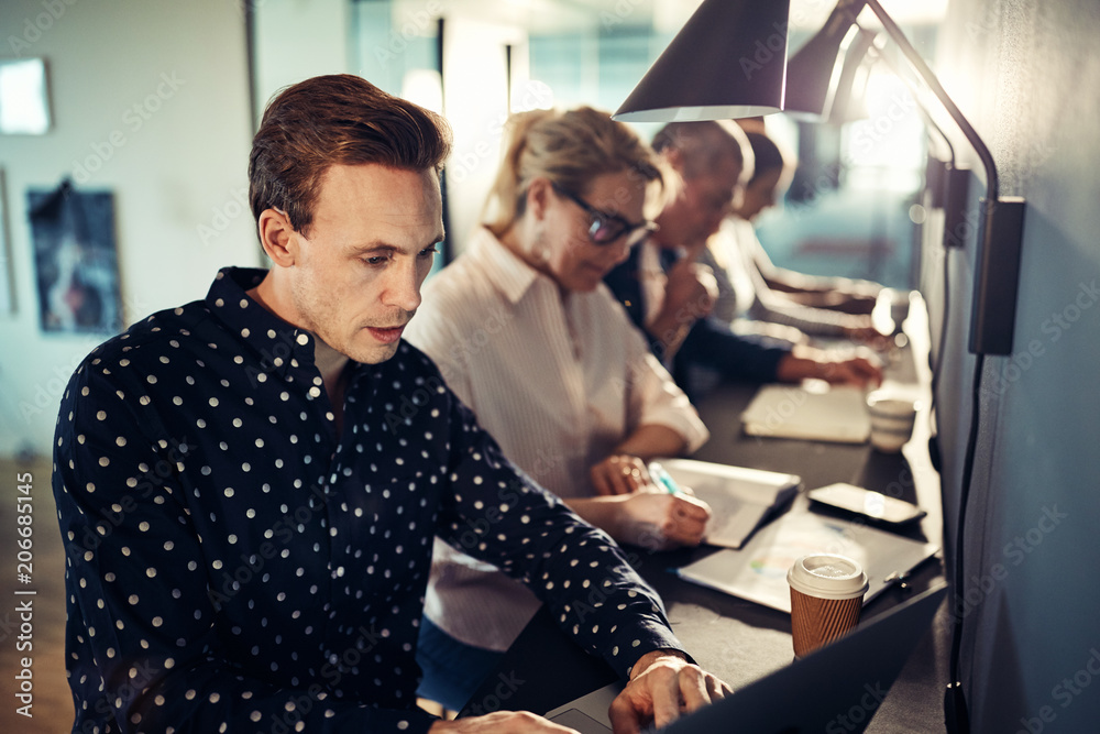 Designer working with a laptop with colleagues in the background Designer working with a laptop with colleagues in the background