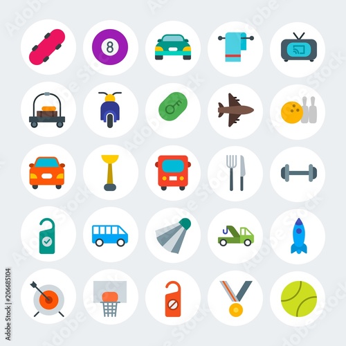 Modern Simple Set of transports, hotel, sports Vector flat Icons. Contains such Icons as room, achievement, car, motel, snooker and more on white cricle background. Fully Editable. Pixel Perfect.