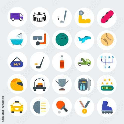 Modern Simple Set of transports, hotel, sports Vector flat Icons. Contains such Icons as success, sport, car, room, front, taxi and more on white cricle background. Fully Editable. Pixel Perfect.