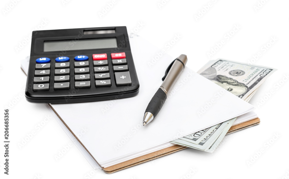 Opened blank notepad with calculator, money and pen on white. Opened blank notepad with calculator, money and pen on white.