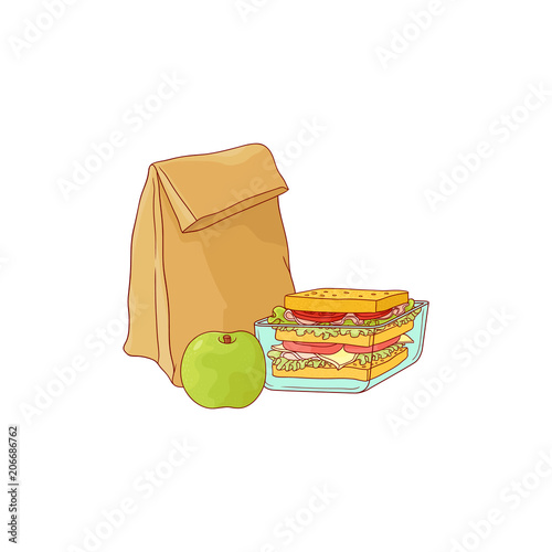 Paper lunch bag and sandwich in plastic container with apple for school or work break in sketch style isolated on white background. Hand drawn vector illustration of lunchbox with food.