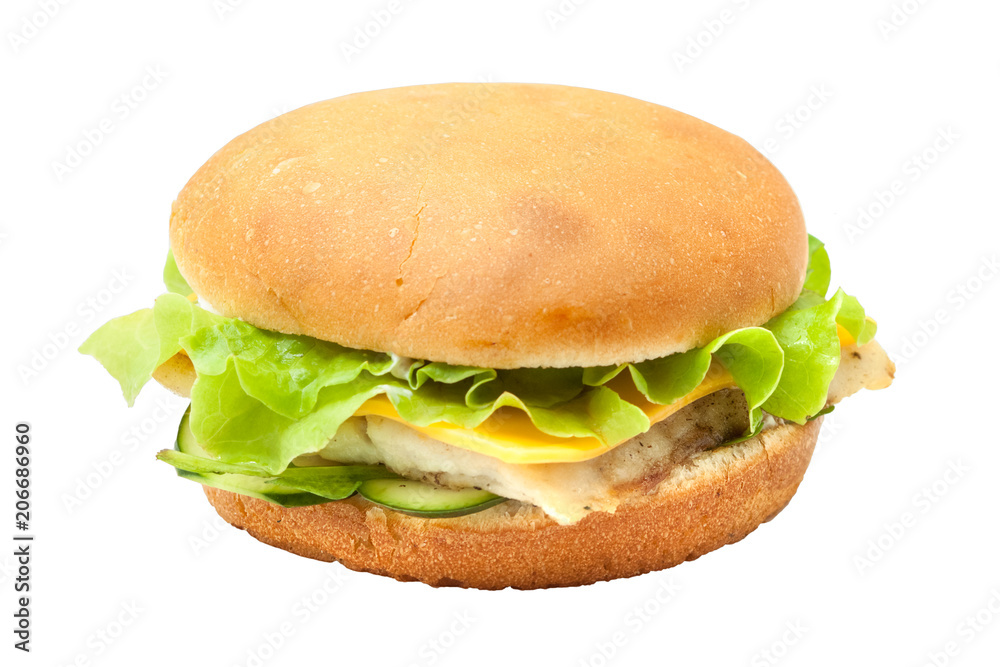 Tasty fish burger with lettuce salad Tasty fish burger with lettuce salad
