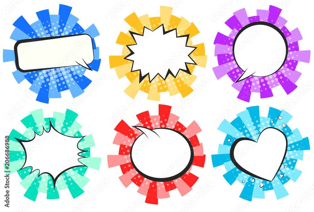 Set of bright colorful round striped retro comic speech bubbles with black halftone shadow in pop art style. Color message balloons for comics book, advertisement text, web design, badge Set of bright colorful round striped retro comic speech bubbles with black halftone shadow in pop art style. Color message balloons for comics book, advertisement text, web design, badge