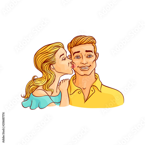 Young girl kisses guy on cheek isolated on white background - romantic hand drawn colorful vector illustration of beautiful loving couple. Smiling happy man gets kiss from attractive woman.