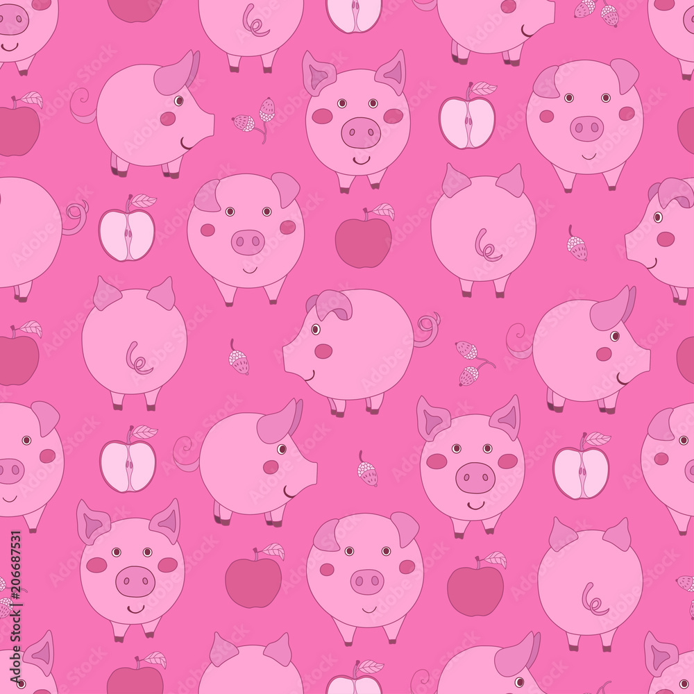 Seamless pattern with cartoon pink pigs, apples and acorns on dark pink background.