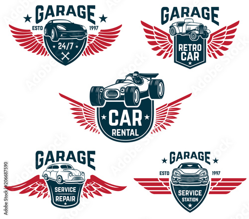 Car repair, garage, auto service emblems. Design elements for logo, label, sign.