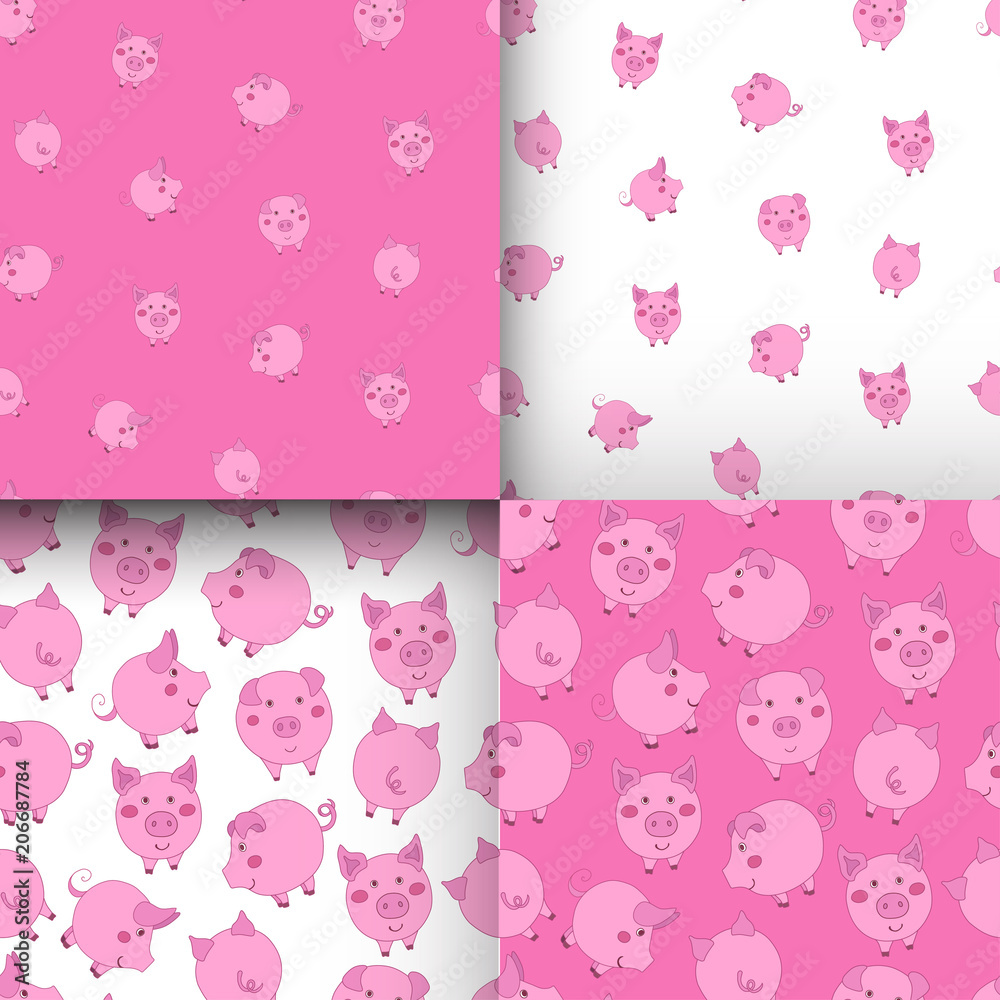 Set of seamless pink and white patterns with cute cartoon pigs. Set of seamless pink and white patterns with cute cartoon pigs.