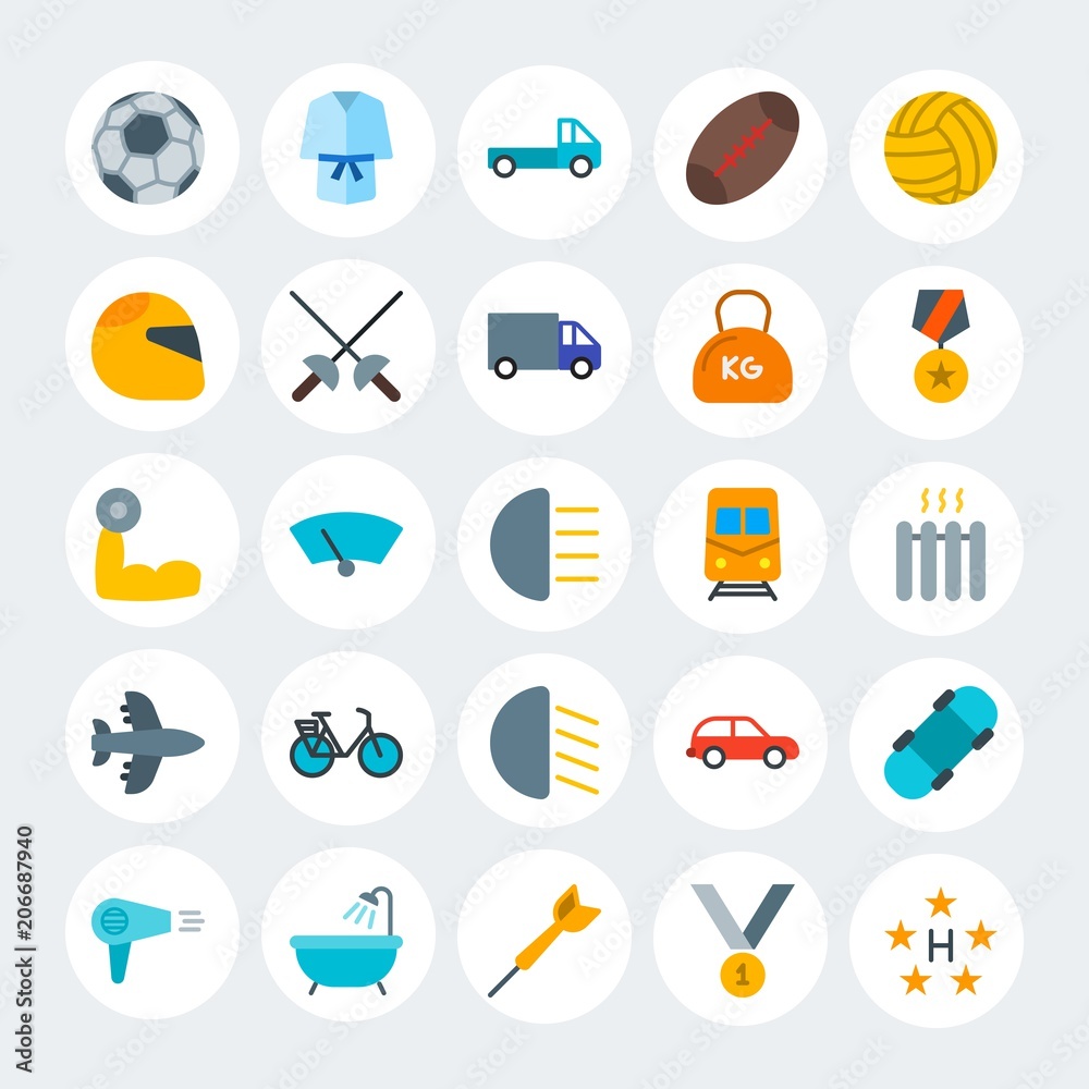 Modern Simple Set of transports, hotel, sports Vector flat Icons. Contains such Icons as  winner,  auto,  hairdryer, skateboarding and more on white cricle background. Fully Editable. Pixel Perfect.