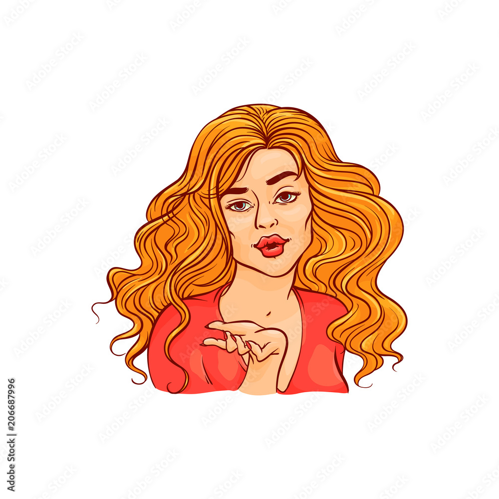 Young woman sends air kiss - hand drawn beautiful girl holding palm up and showing kissing facial expression. Colorful vector illustration isolated on white background in sketch style.