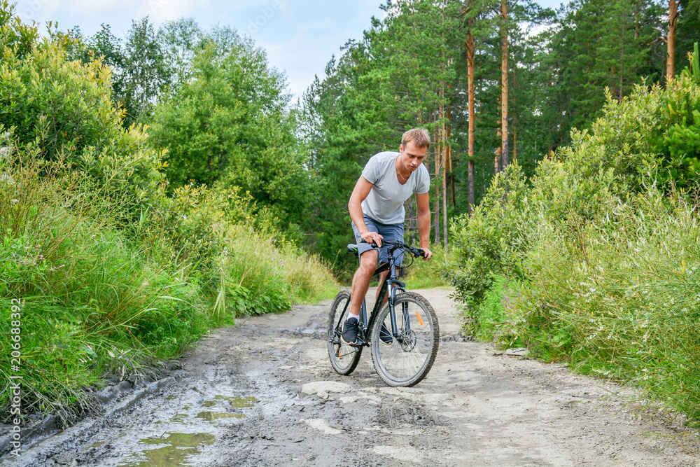 Fototapeta premium athlete riding a mountain bike in the woods.Healthy lifestyle